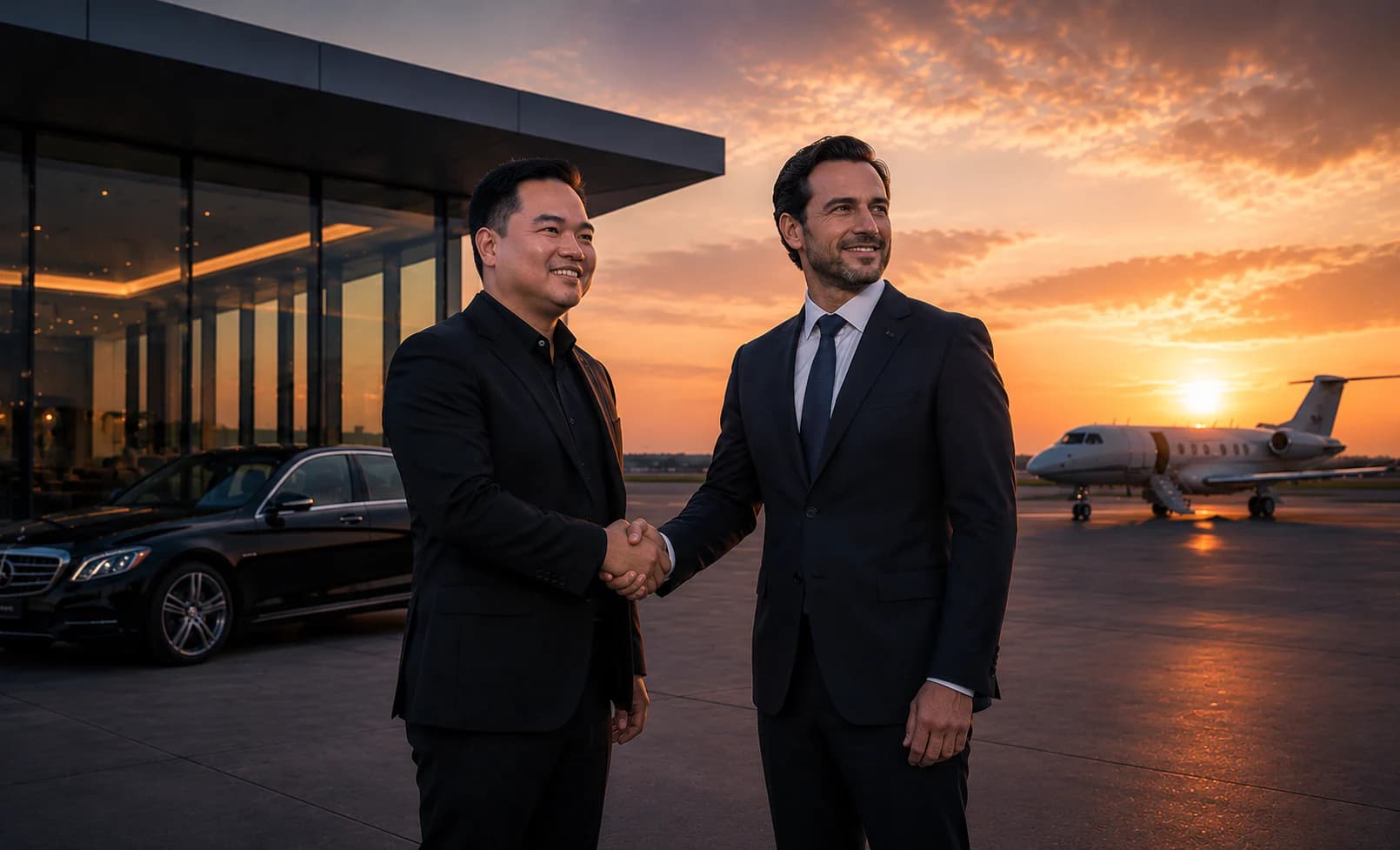 Two TravelThru partners shaking hands at an aviation terminal
