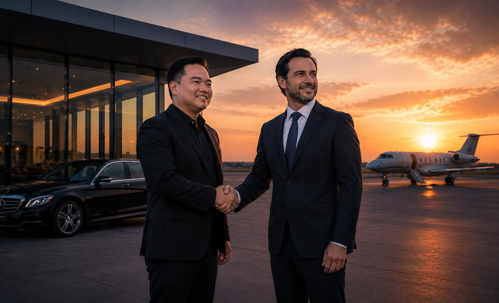 Two TravelThru partners shaking hands at an aviation terminal